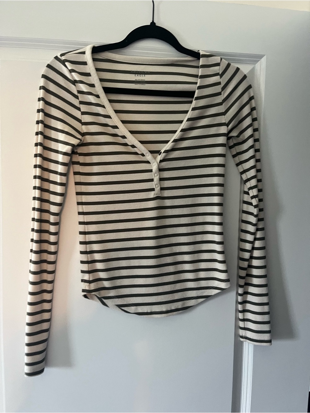 American Eagle Outfitters Black & Cream Striped Henley Long-Sleeve Top